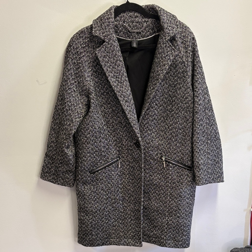 White House Black Market Black and White Herringbone Pea Coat